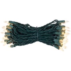 50 Clear Mini Lights, Grn Wire, 4" Spcng