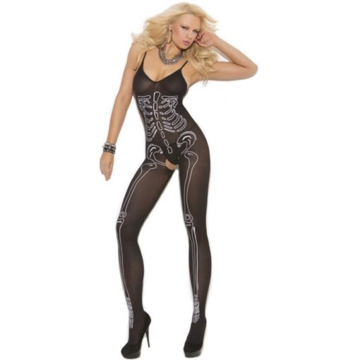 Skeleton Print Opaque Bodystocking