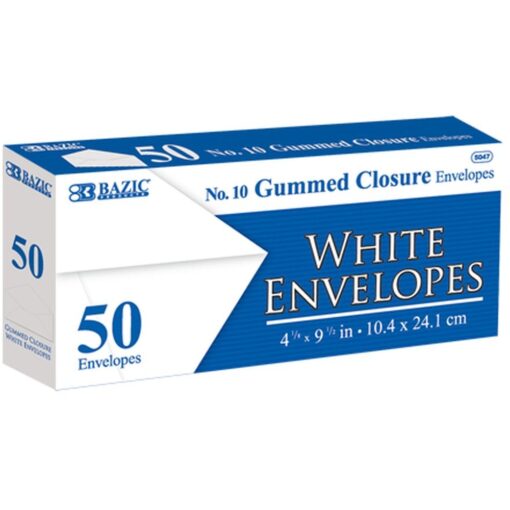 Envelopes #10 White W/Gum Closure 50Ct