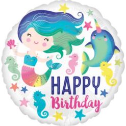 18" RND Ocean Fun Birthday Balloon w/Mermaid & Narwhal