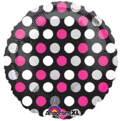 18" RND Blk w/Pink & White Dots Foil BLN