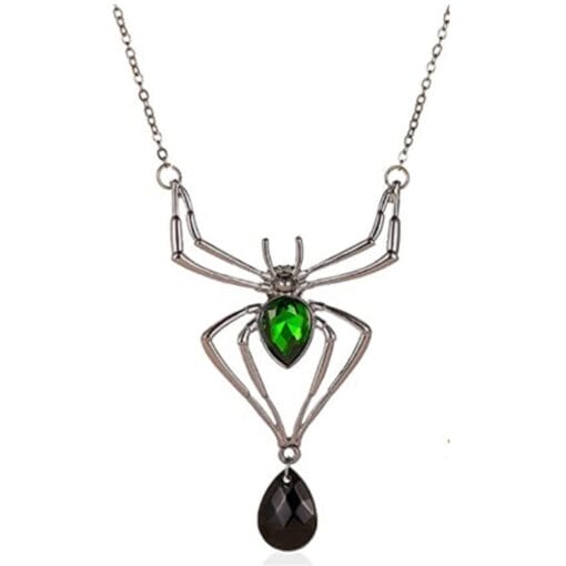 Silver Spider Necklace With Green &Amp; Black Gems