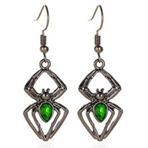 Silver Spider Earrings W/Grn,Blk Gems