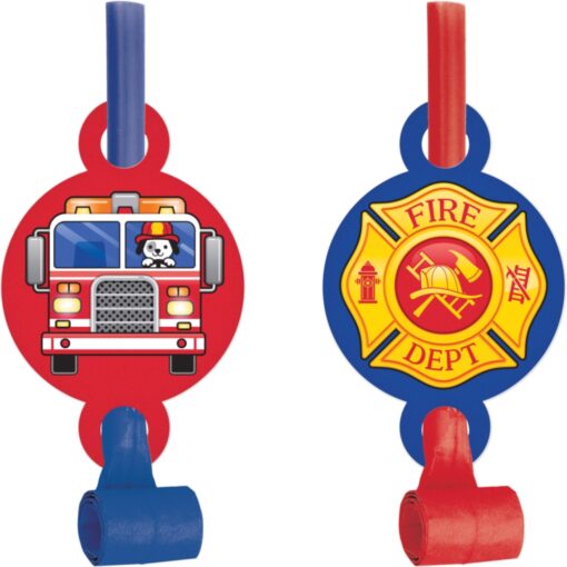 Flaming Fire Truck Blowouts W/Medallions 8Ct