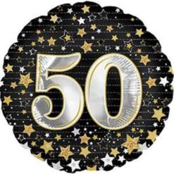 17" RND 50 Black w/Gold Stars Foil Balloon