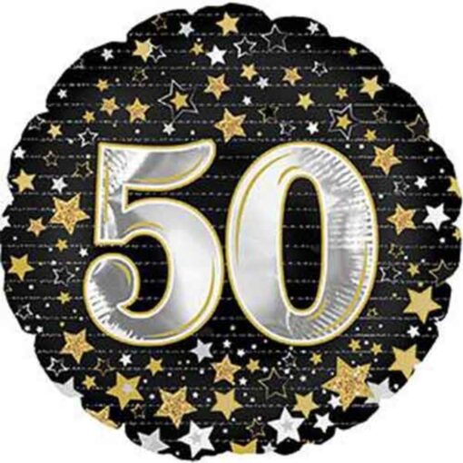 17&Quot; Rnd 50 Black W/Gold Stars Foil Balloon