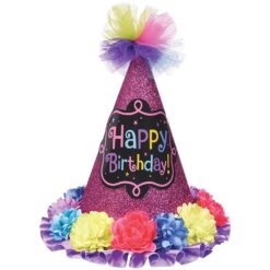 Chic Flower Sparkle Happy Birthday Cone Party Hat w/Tulle