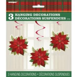 Poinsetta Plaid Hanging Swirl Decor 26" 3CT