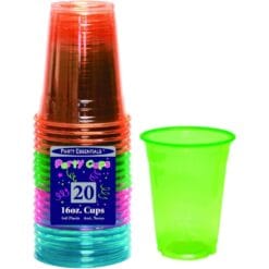 Neon Party Cups Soft Plastic Astd Colors 16oz 20CT 9 Neon Party Cups Soft Plastic Astd Colors 16Oz 20Ct