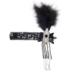 Black Sequin Flapper Headband w/Feather