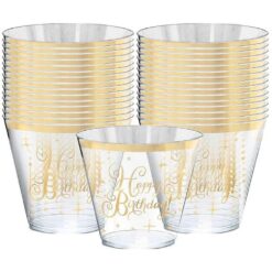 Gold Happy Birthday Clear Plastic Tumblers 9oz 30CT