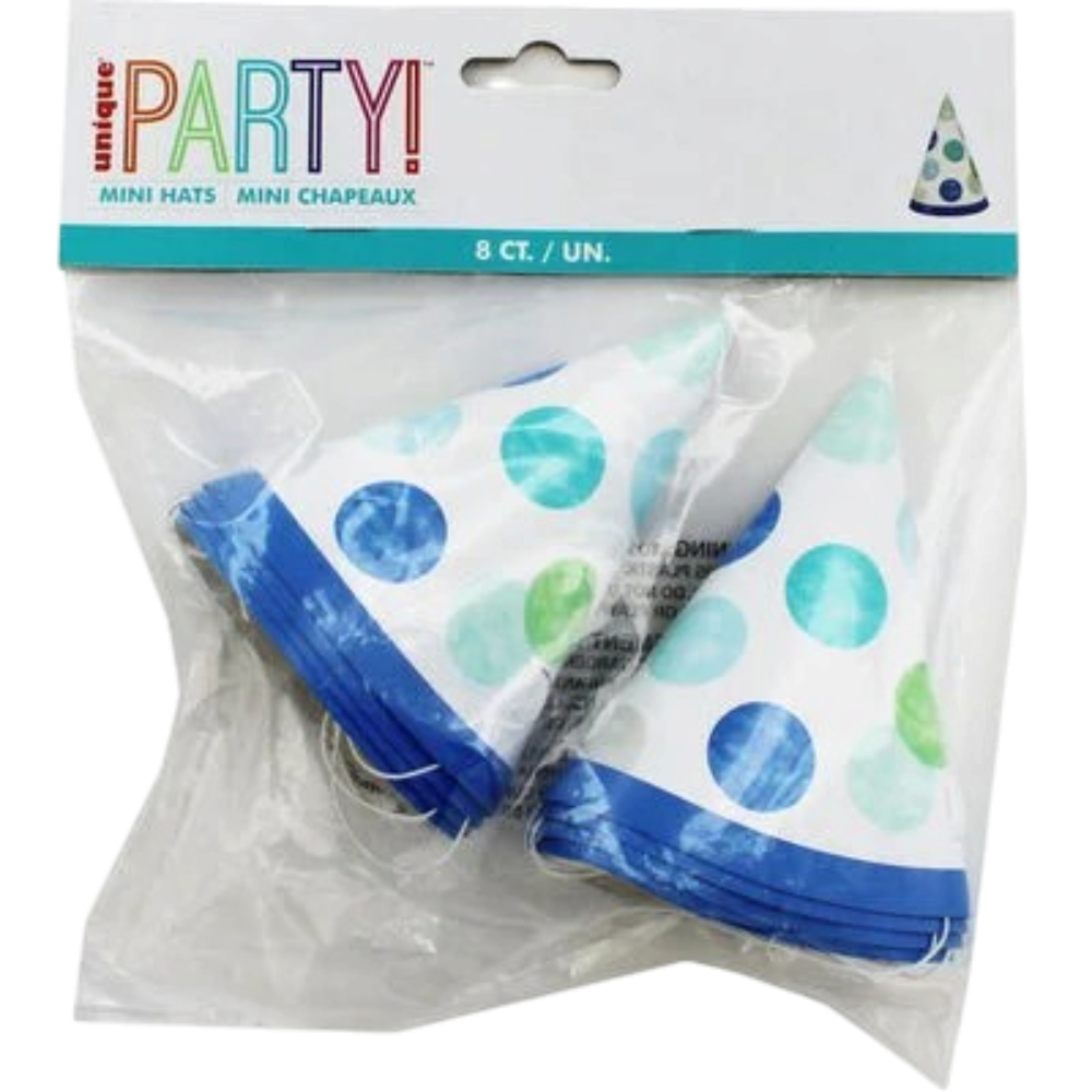Blue Dots 1st Birthday Mini Party Hats 8CT 3 Blue Dots 1Bd Mini Party Hats 8Ct